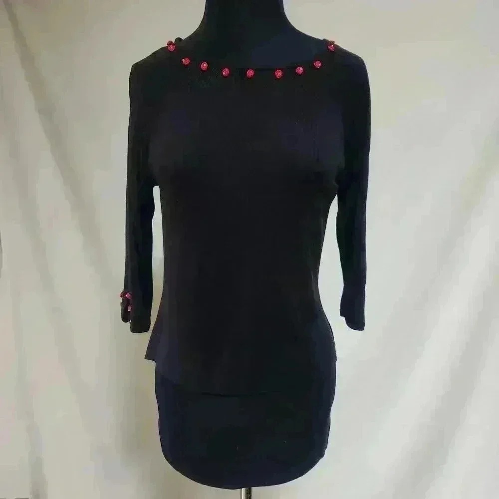Valerie Stevens Petites Collection PL Black Silk Sweater Red Ribbon‎ Rosettes